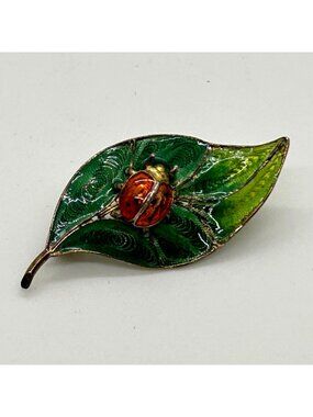 Vintage Enamel Ladybug Leaf Brooch Pin Gold Tone Green Red Nature Figural